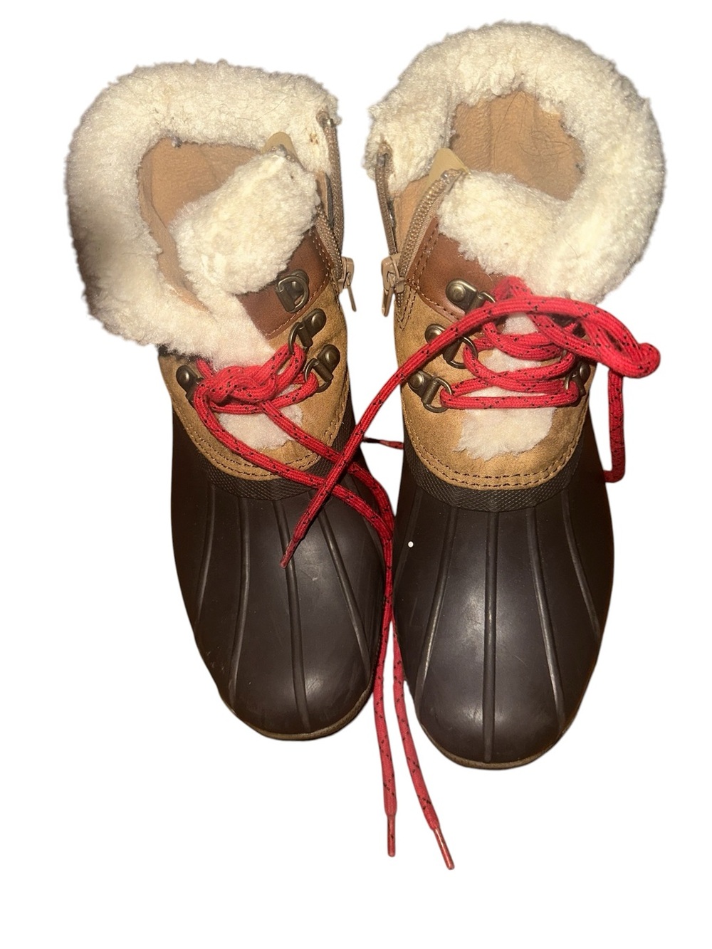 Sperry Duck Boots Kids Size 4M Brown Tan Faux Fur Trim Red Laces